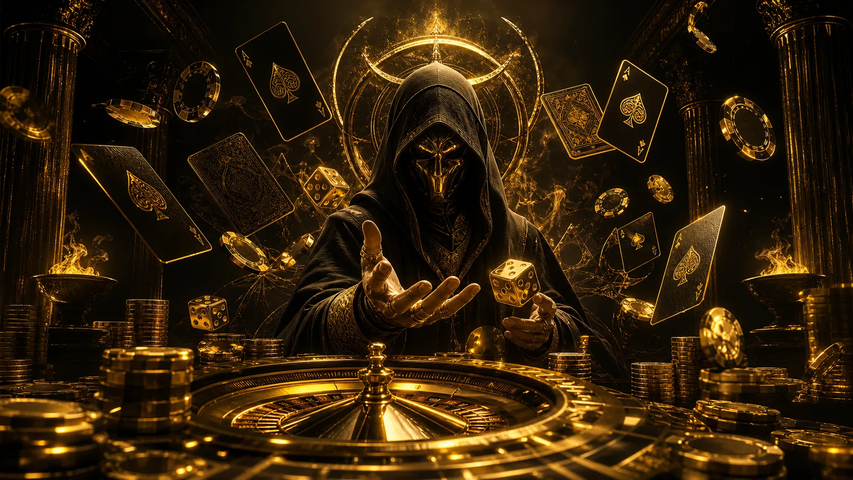 A cyberpunk-themed luxury casino banner with neon roulette wheels and poker chips floating in a dark, vibrant setting, portra