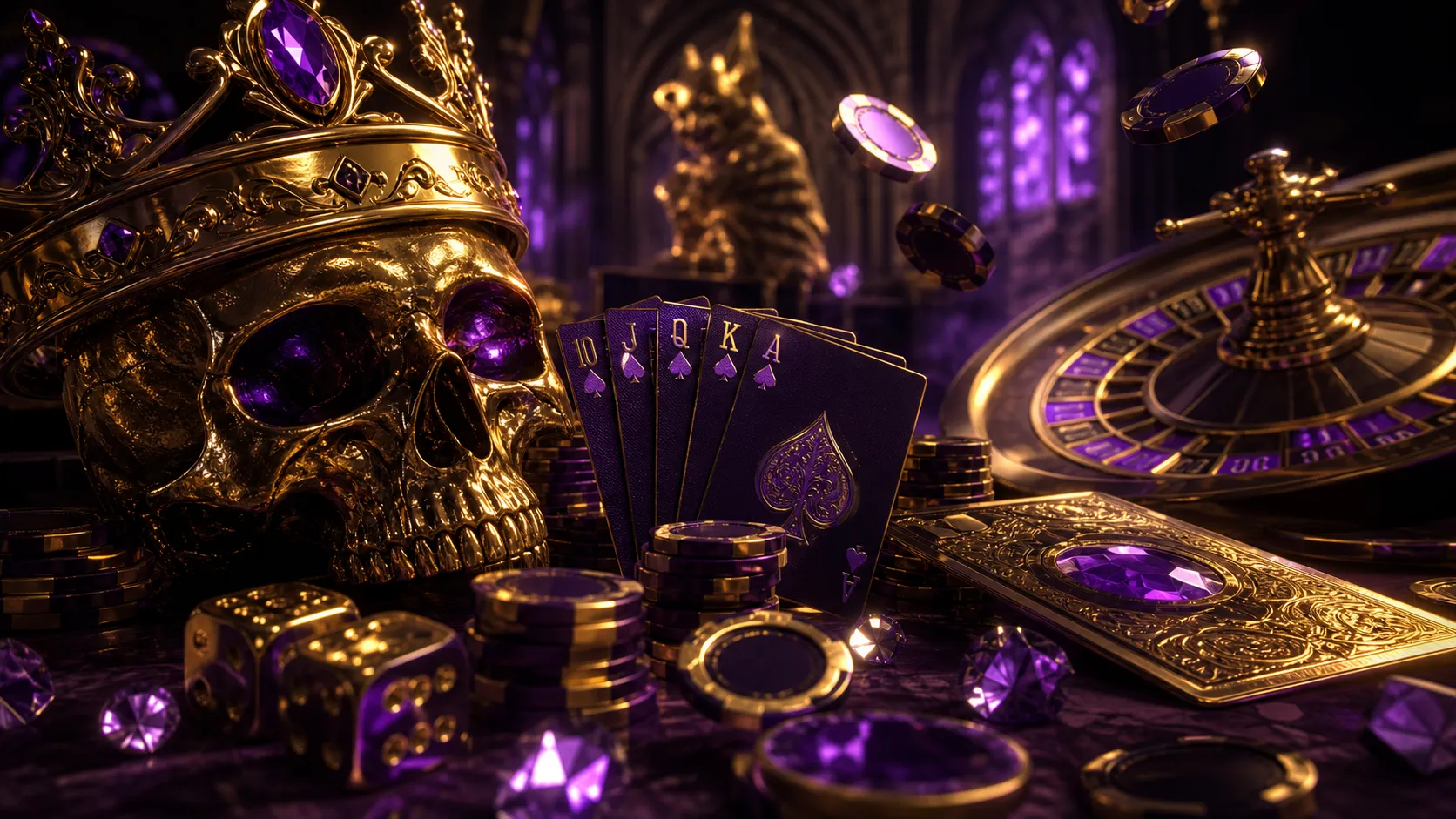 Premium casino banner with luxury elements inspired by the brand Kult, featuring poker chips, cards, and glowing accents.